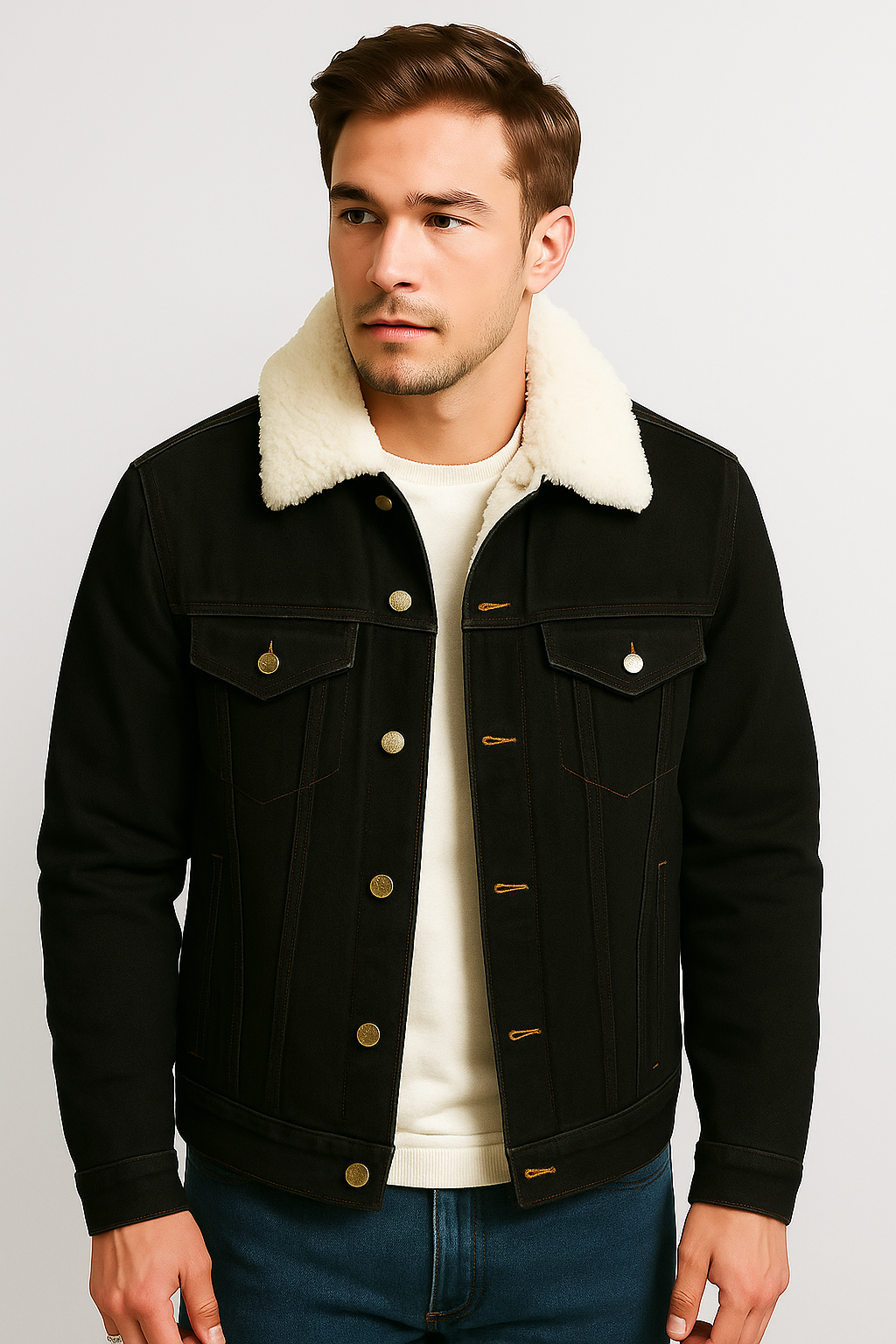 Black Denim Fur Jacket For Men