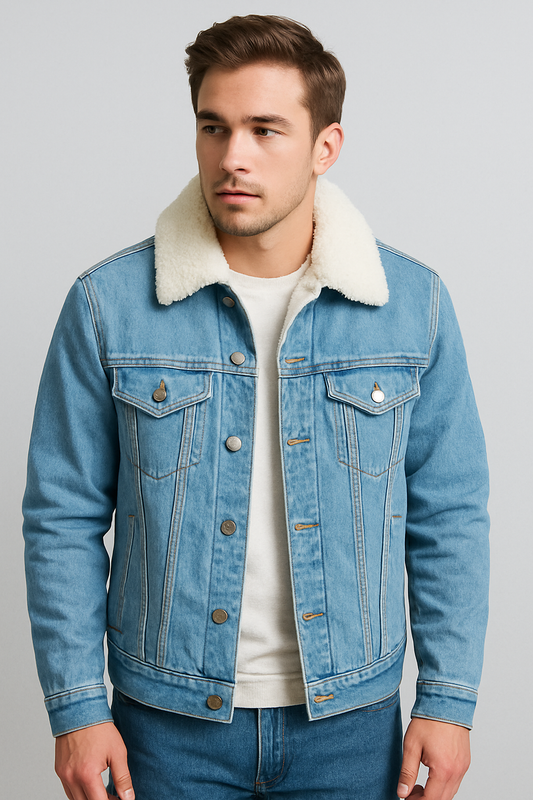 Sky Blue Denim Fur Jacket For Men